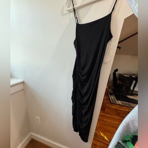 Got the Curves Black Ruched Drawstring Asymmetrical Midi Dress Size M